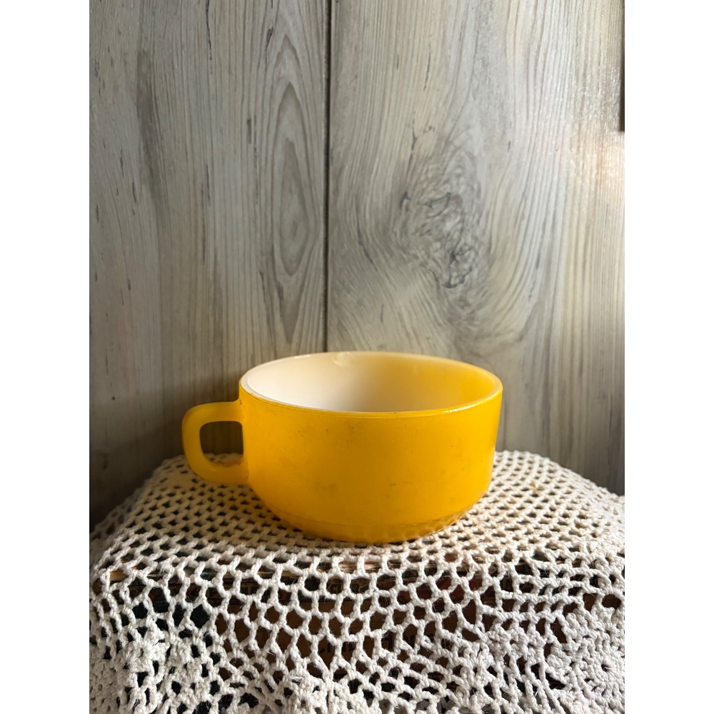Vintage Fire-King Yellow Milk Glass Stackable Soup Chili Mug D-Handle USA Made